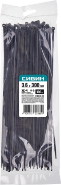 Хомуты-стяжки СИБИН ХС-Ч, 3.6 x 300 мм, нейлон РА66, 100 шт, черные