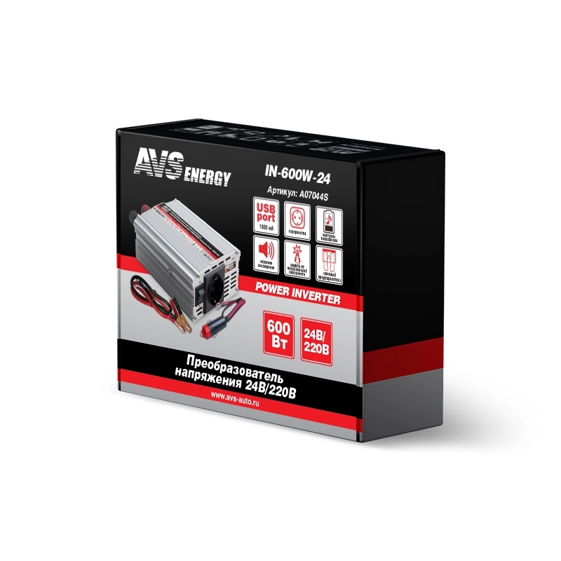 Инвертор AVS Energy IN-600W-24 для преобразования напряжения 24В в 220В - защита от перегрева и короткого замыкания, USB-выход, номинальная мощность 600 Вт, индикатор для контроля за работой инвертора