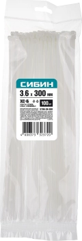 Хомуты-стяжки СИБИН ХС-Б, 3.6 x 300 мм, нейлон РА66, 100 шт, белые
